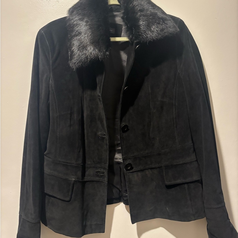 Context Black Suede Jacket with rabbit Fur Collar